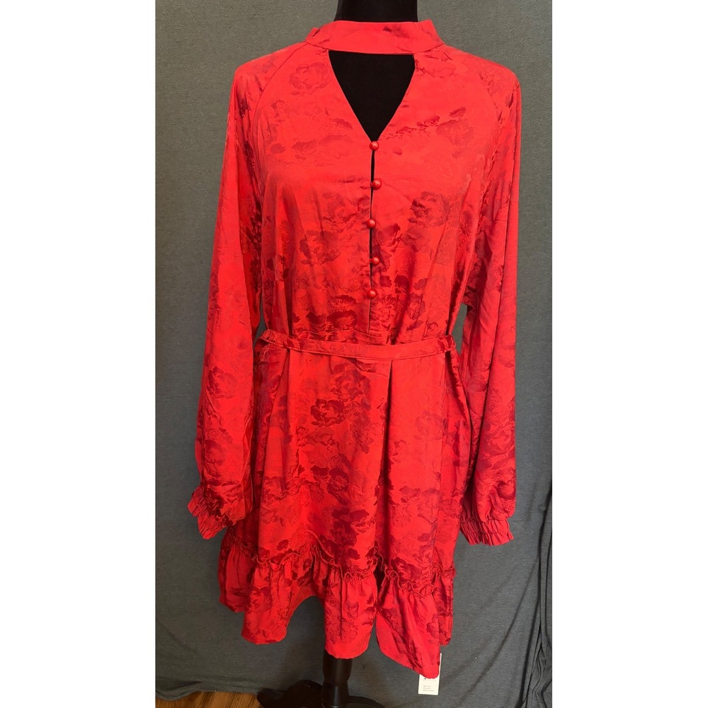 New Cupshe Red Satin Floral Jacquard Mini Dress Long Sleeve Cutout XL Sexy